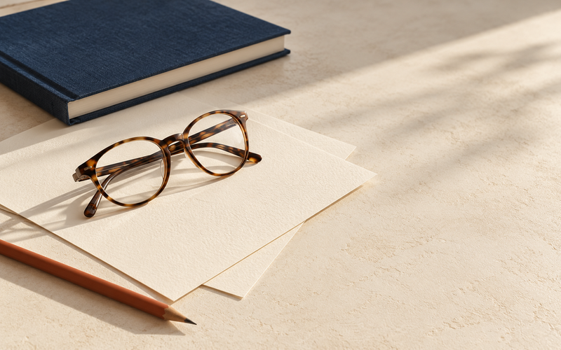 Reading glasses resting on a notebook beside a pencil