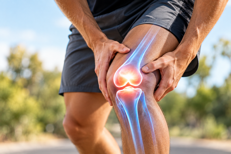 Person exercising with highlighted knee, representing joint comfort and mobility