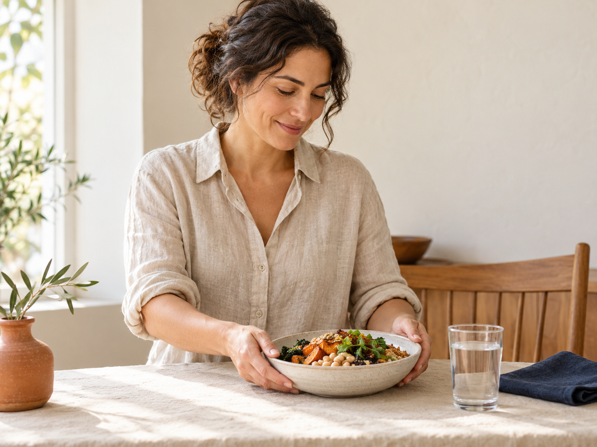 A woman serving a balanced meal at a sunlit table