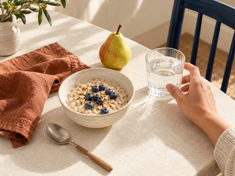 A breakfast bowl of oats and blueberries with a glass of water