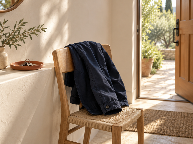 Keys and a jacket by an open doorway