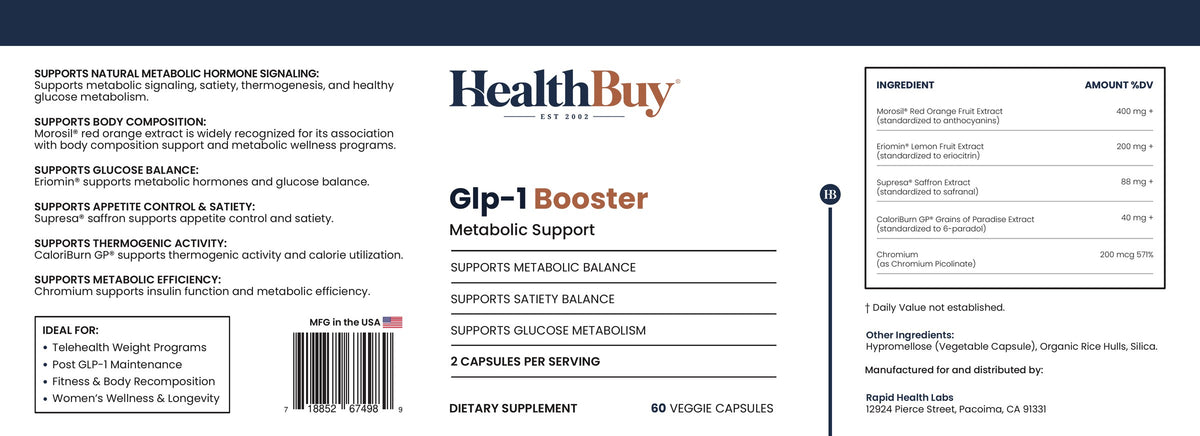 HealthBuy GLP-1 Booster product label with ingredients
