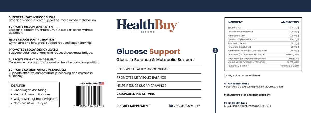 HealthBuy Glucose Support product label with ingredients
