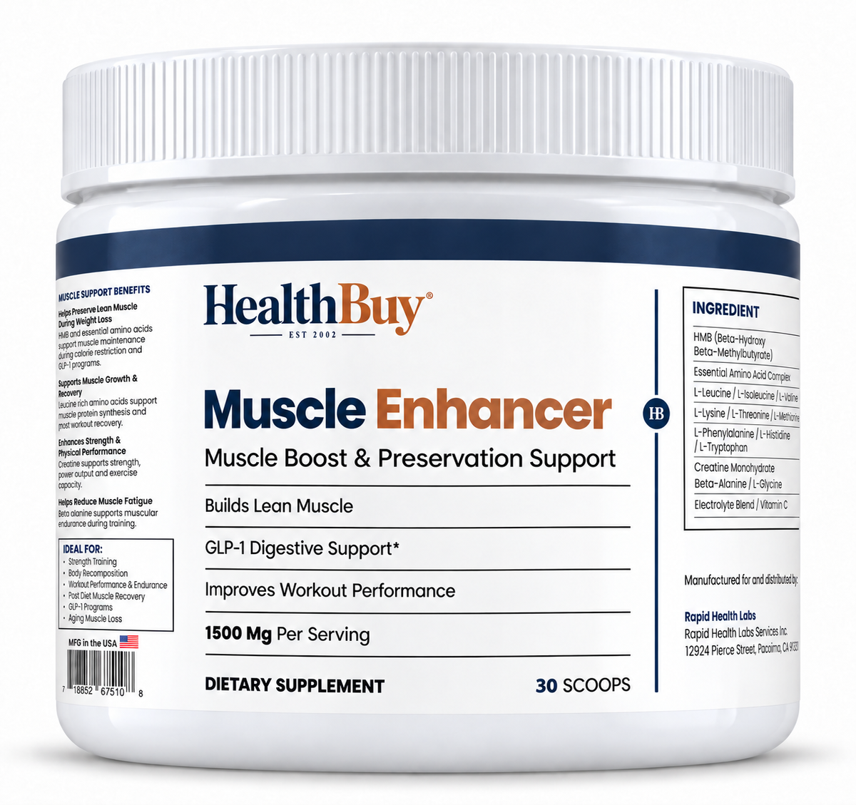 HealthBuy Muscle Enhancer powder, 30 scoops, HMB, creatine and essential amino acids