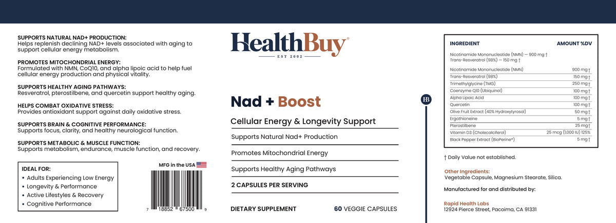 HealthBuy NAD+ Boost product label with ingredients