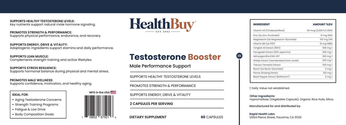 HealthBuy Testosterone Booster product label with ingredients